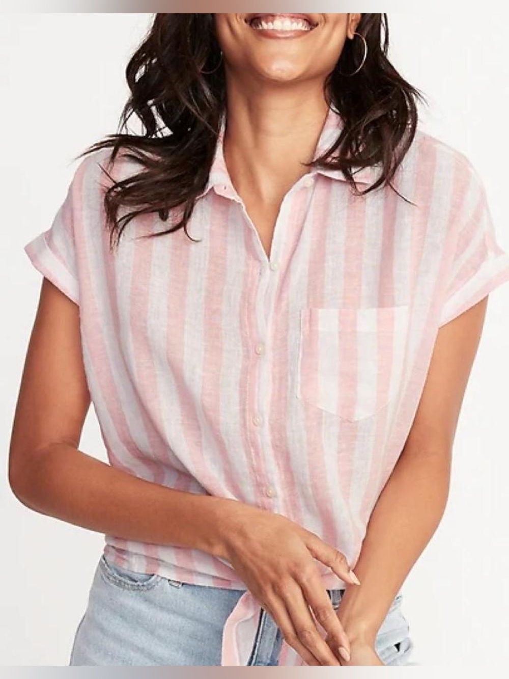 Old Navy Pink & White Striped Short-Sleeve Button Down